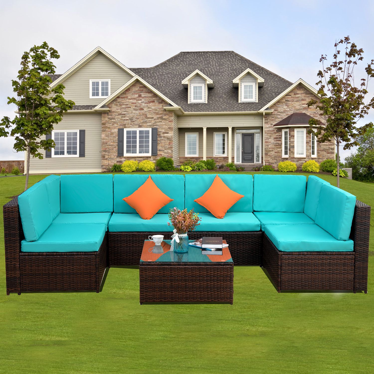 Famous Patio Conversation Sets, 7 Piece Outdoor Furniture Set With Coffee With Regard To Blue And Brown Wicker Outdoor Patio Sets (View 12 of 15)
