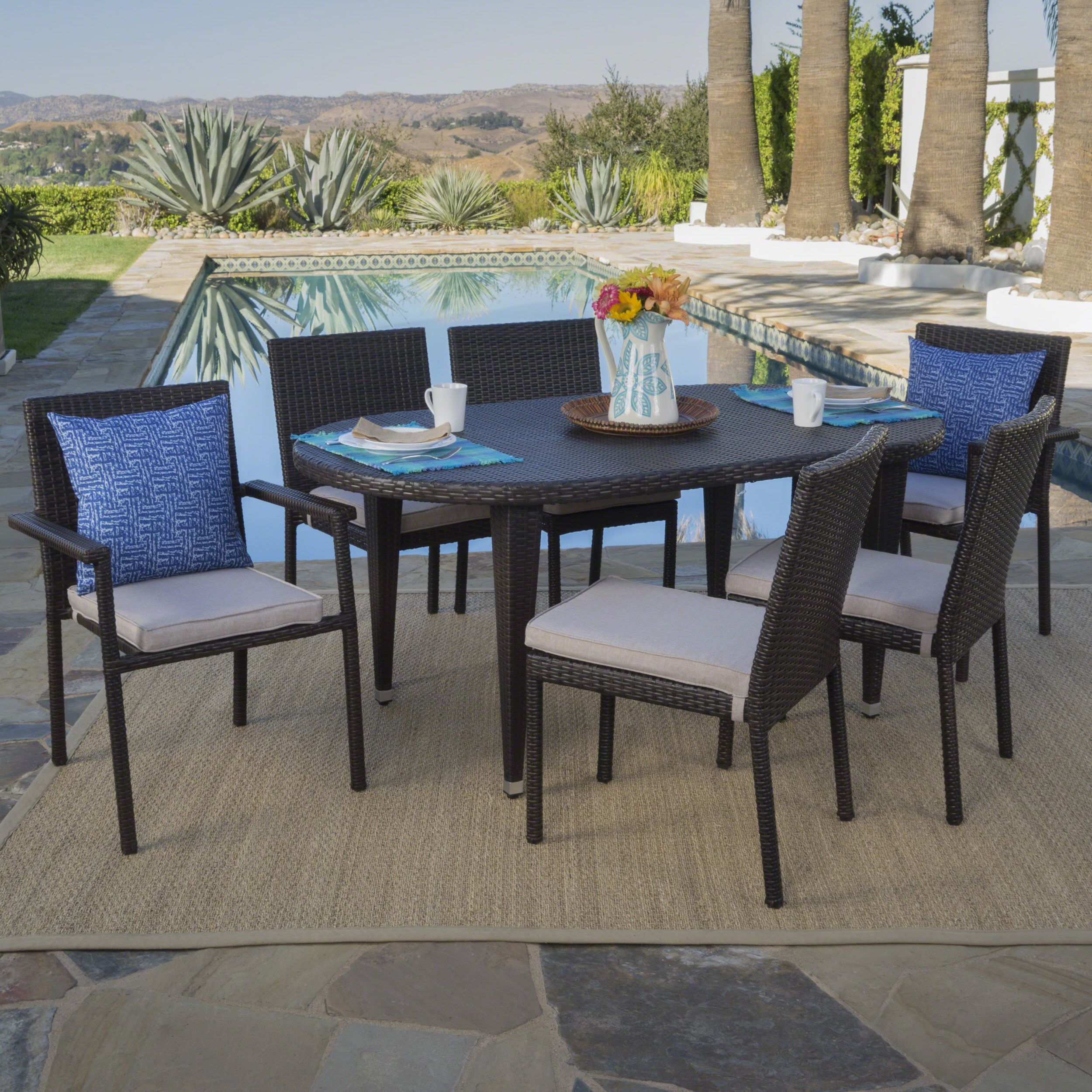 Famous Pratt Outdoor 7 Piece Wicker Oval Dining Set With Armed And Armless Within Oval 7 Piece Outdoor Patio Dining Sets (View 3 of 15)