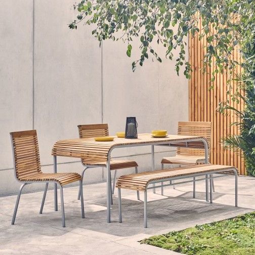 Famous Rolio Natural 6 Seater Slatted Acacia Wood Garden Table, Bench And 4 Within Natural Acacia Wood Bistro Dining Sets (View 11 of 15)