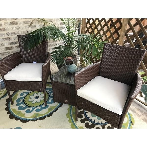 Famous Shop 3 Piece Outdoor Patio Chair Set Coffee Table, Brown Rattan With Regarding Wicker Beige Cushion Outdoor Patio Sets (View 7 of 15)