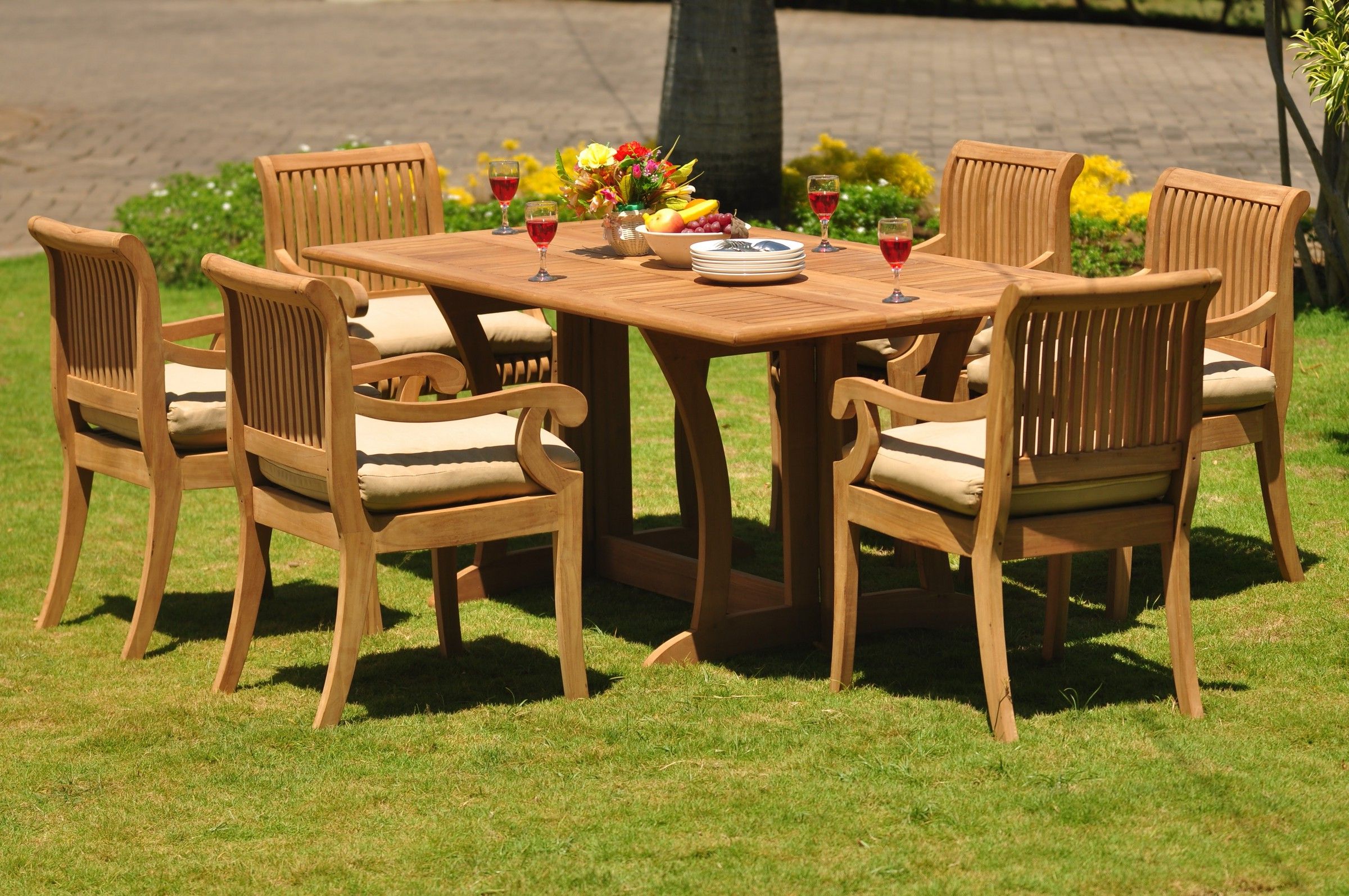 Famous Teak Wood Rectangular Patio Dining Sets For Teak Dining Set: 6 Seater 7 Pc: 69" Warwick Dining Rectangle Table And (View 1 of 15)