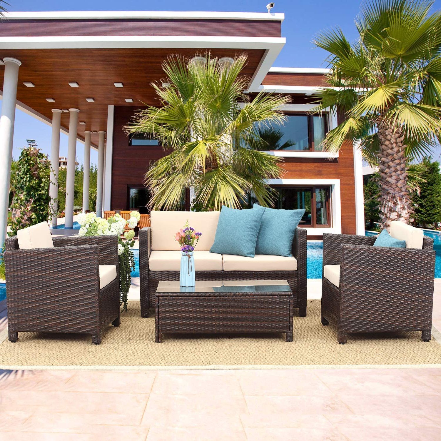Famous Wicker Beige Cushion Outdoor Patio Sets Intended For Outdoor Patio Furniture Set, 5 Piece Conversation Set Wicker Sectional (View 12 of 15)