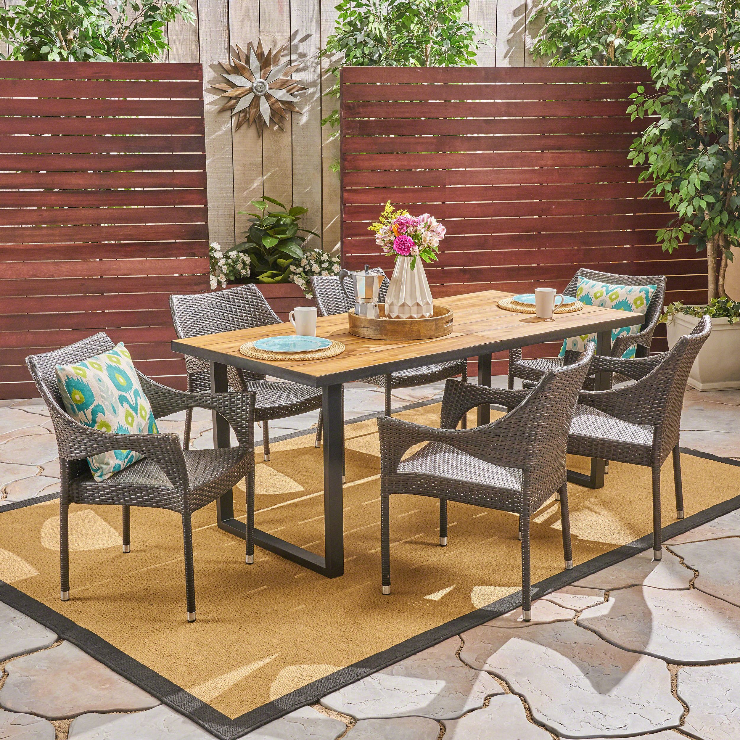 Famous Wood Rectangular Outdoor Dining Sets With Andre Outdoor 7 Piece Rectangular Acacia Wood And Wicker Dining Set (View 1 of 15)