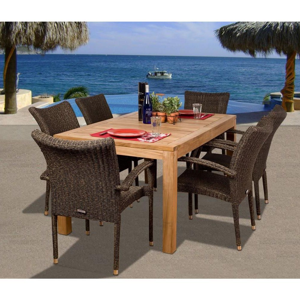 Fashionable Amazonia Brussels 7 Piece Teak/all Weather Wicker Patio Dining Set Sc With 7 Pieces Teak Outdoor Dining Sets (View 6 of 15)