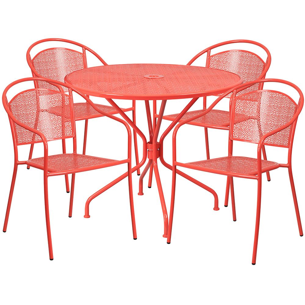 Fashionable Red Metal Outdoor Table And Chairs Sets Within Flash Furniture Co 35rd 03chr4 Red Gg 35 1/4" Round Patio Table & ( (View 6 of 15)