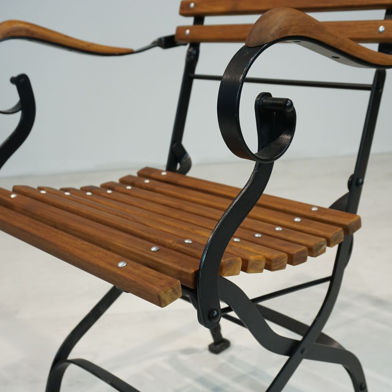 Fashionable Teak Outdoor Folding Armchairs In French Provincial Iron And Teak Folding Outdoor Arm Chair – Irongate (View 7 of 15)