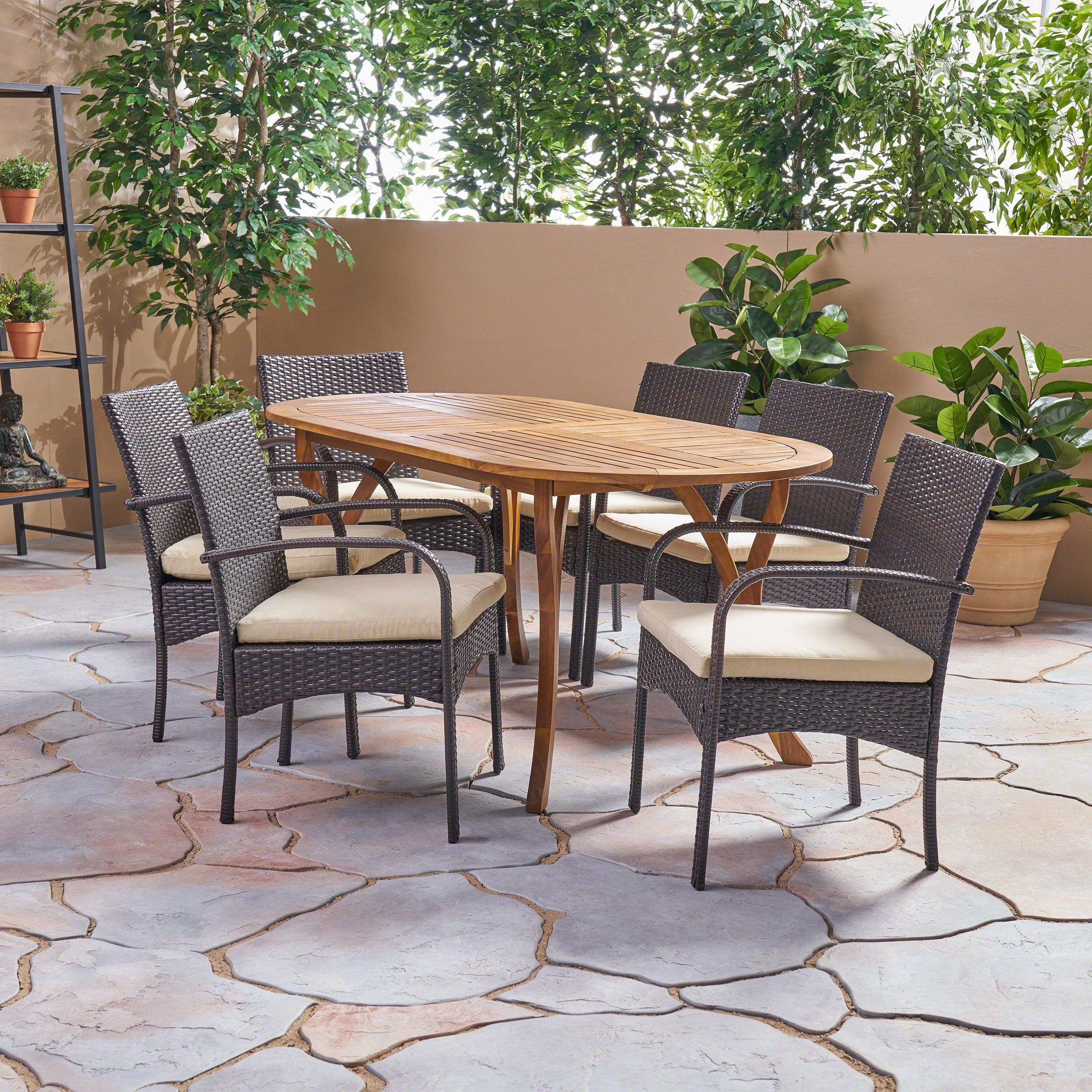 Fashionable Teak Wicker Outdoor Dining Sets Intended For Nathan Outdoor 7 Piece Acacia Wood And Stacking Wicker Dining Set, Teak (View 1 of 15)