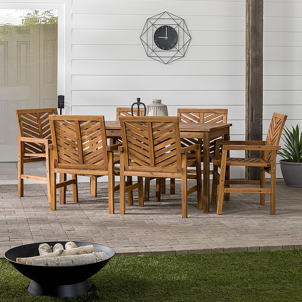 Fashionable Walker Edison 7 Piece Windsor Acacia Wood Patio Dining Set Brown Within Brown Acacia Patio Dining Sets (View 5 of 15)