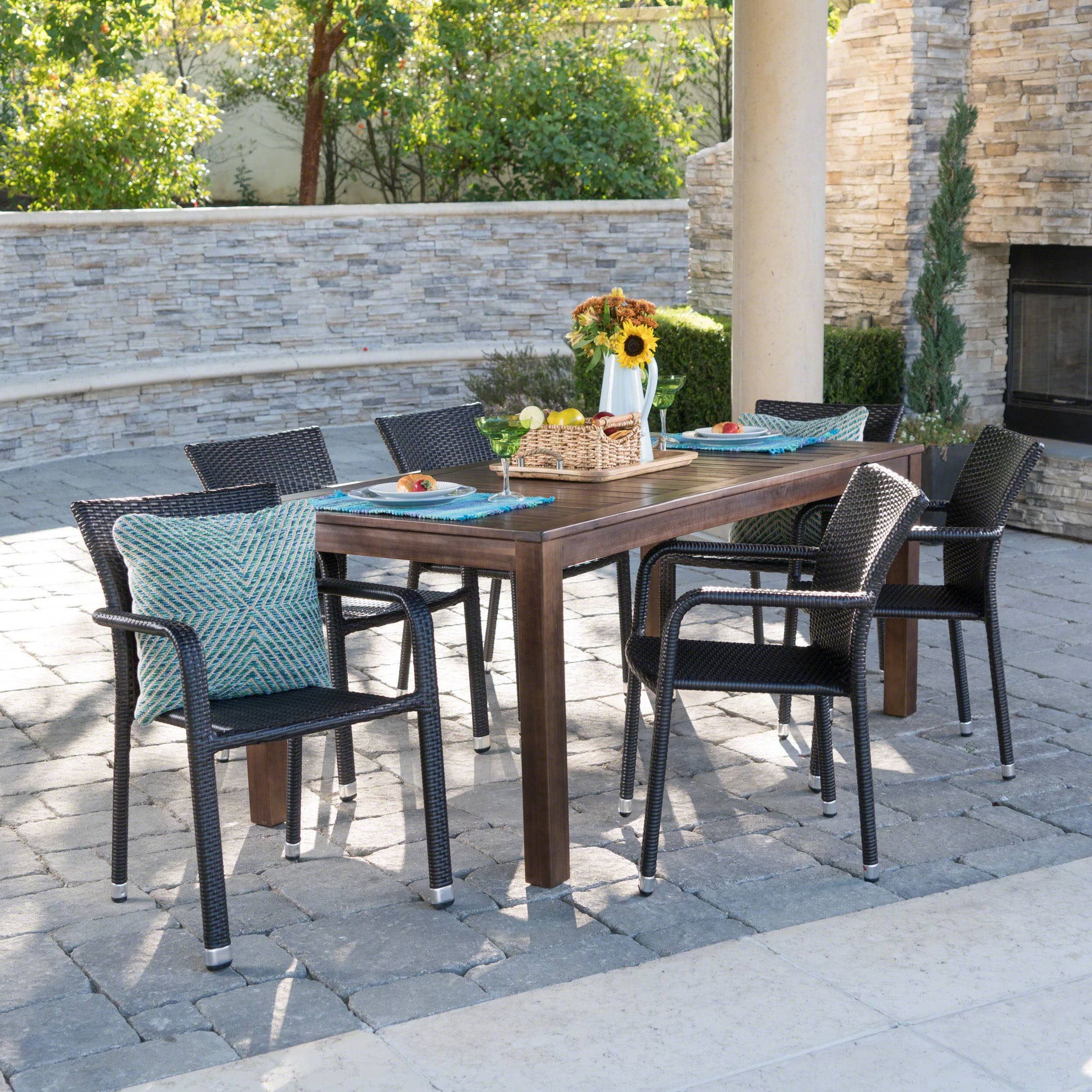 Favorite Dark Brown Patio Dining Sets Inside Newcastle Outdoor 7 Piece Rectangle Aluminum Wicker Wood Dining Set (View 11 of 15)