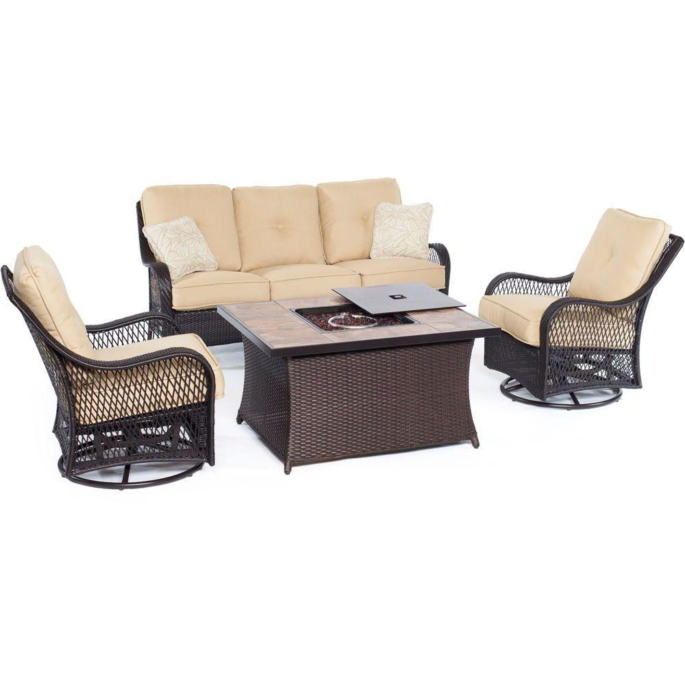 Favorite Hanover Orleans Brown 4 Piece All Weather Wicker Patio Fire Pit Seating Throughout Rattan Wicker Sand Outdoor Seating Sets (View 14 of 15)
