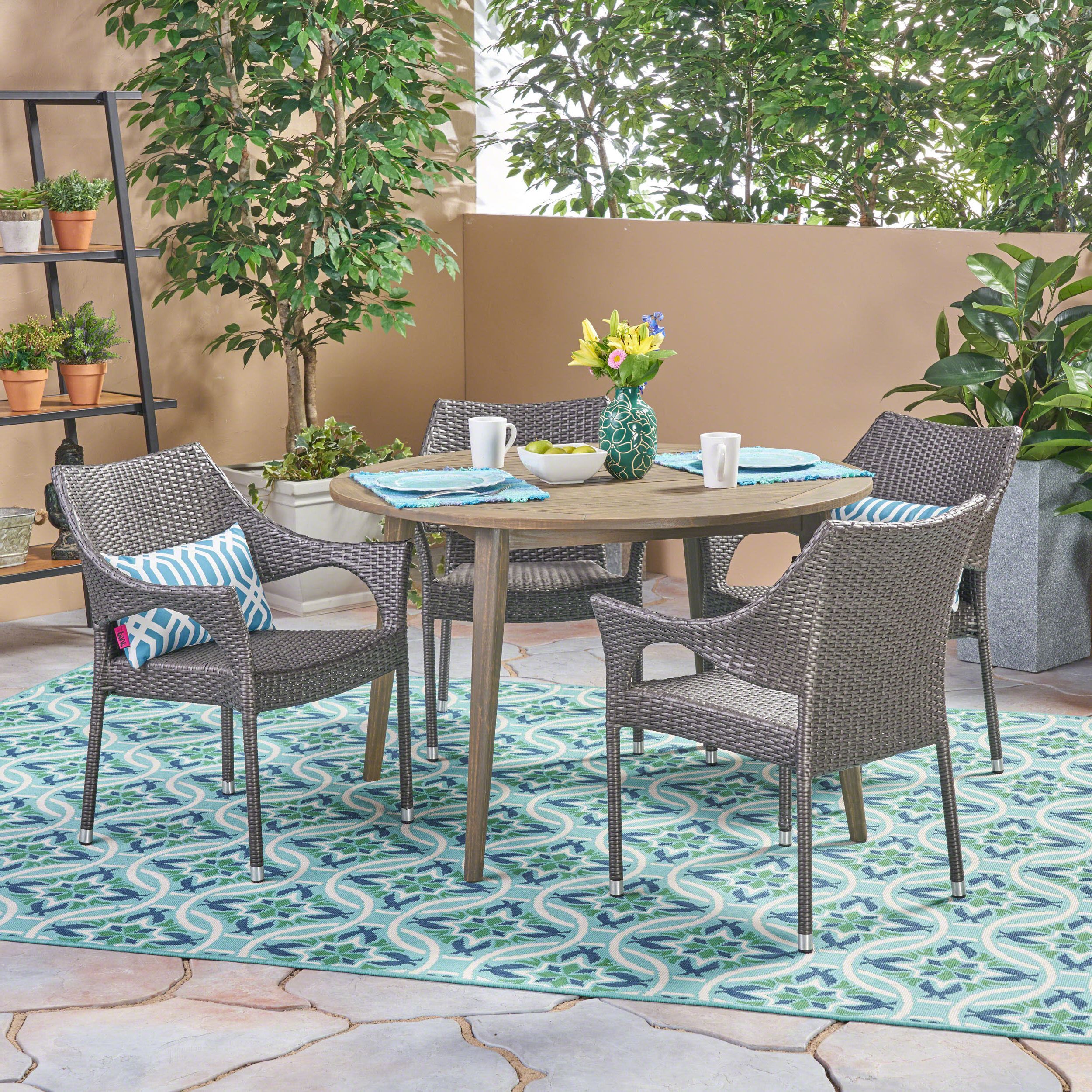 Favorite Lindsey Outdoor 5 Piece Wood And Wicker Dining Set, Gray, Gray For Gray Wicker 5 Piece Round Patio Dining Sets (View 6 of 15)