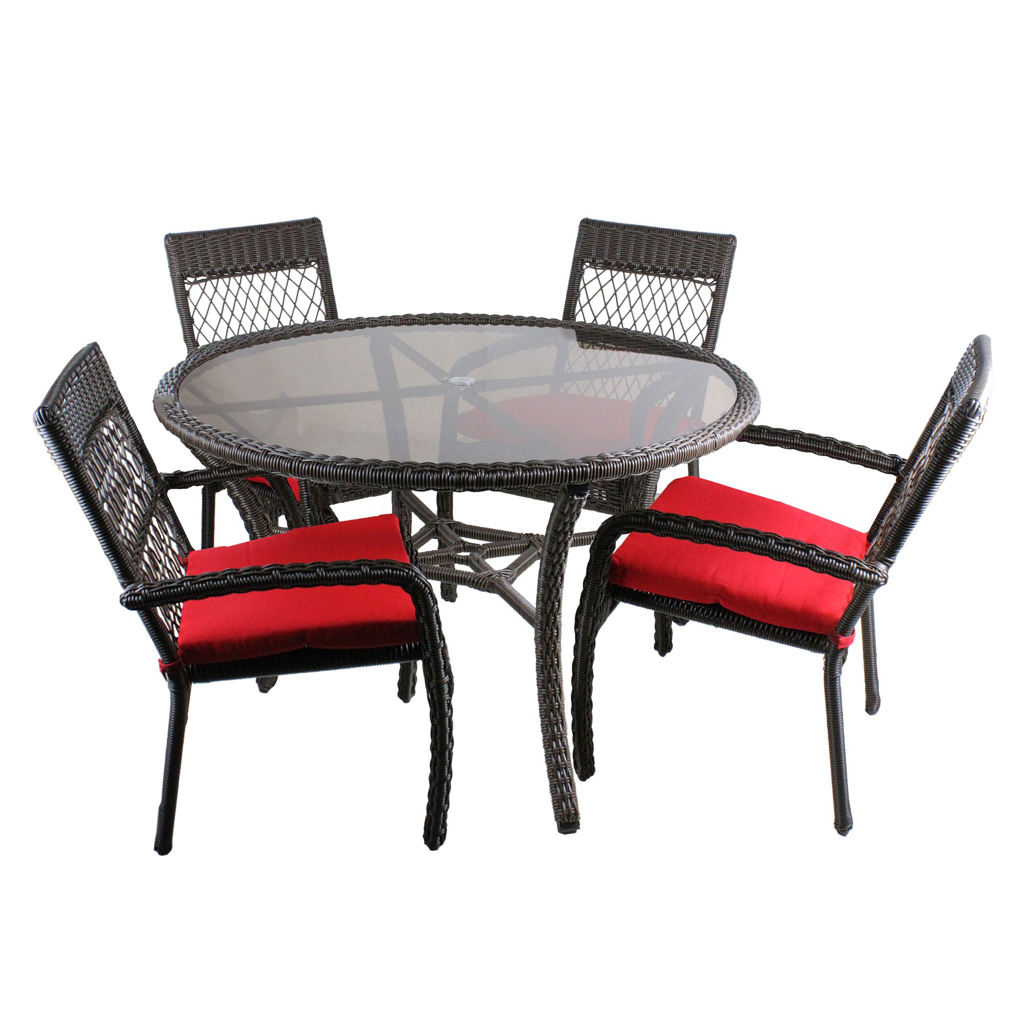 Favorite Red 5 Piece Outdoor Dining Sets Regarding 5 Piece Brown And Red Weaved Wicker Outdoor Chair And Dining Table Set (View 13 of 15)