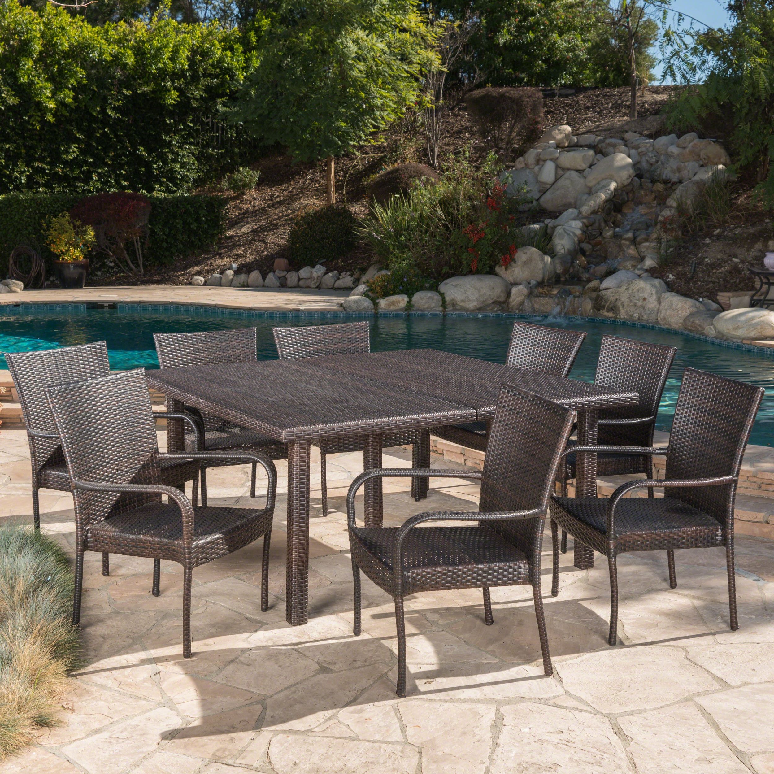 Fiona Outdoor 9 Piece Square Wicker Dining Setbrown 9 Piece Sets (View 7 of 15)
