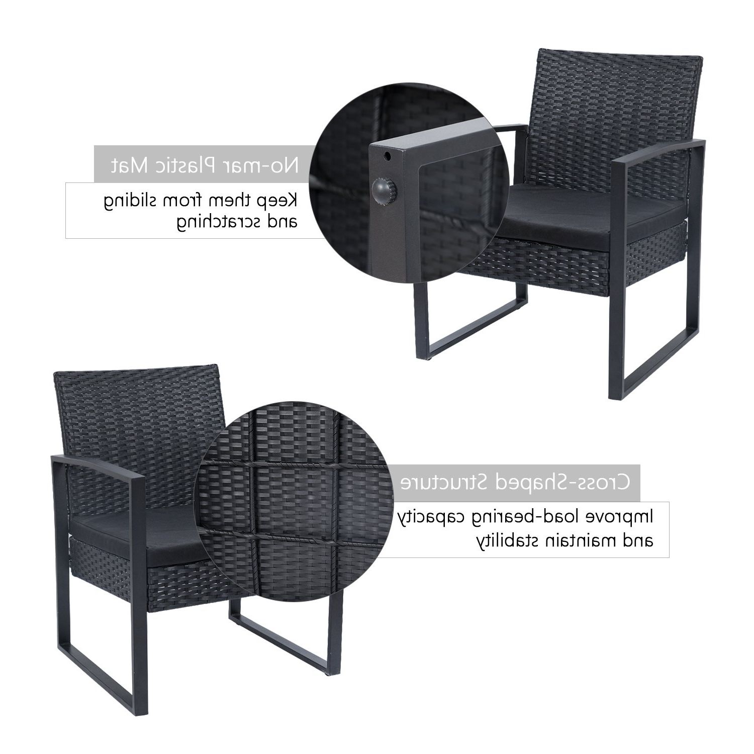 Flamaker 3 Pieces Patio Set Outdoor Wicker Patio Furniture Sets Modern Regarding Recent Black Outdoor Modern Chairs Sets (View 6 of 15)