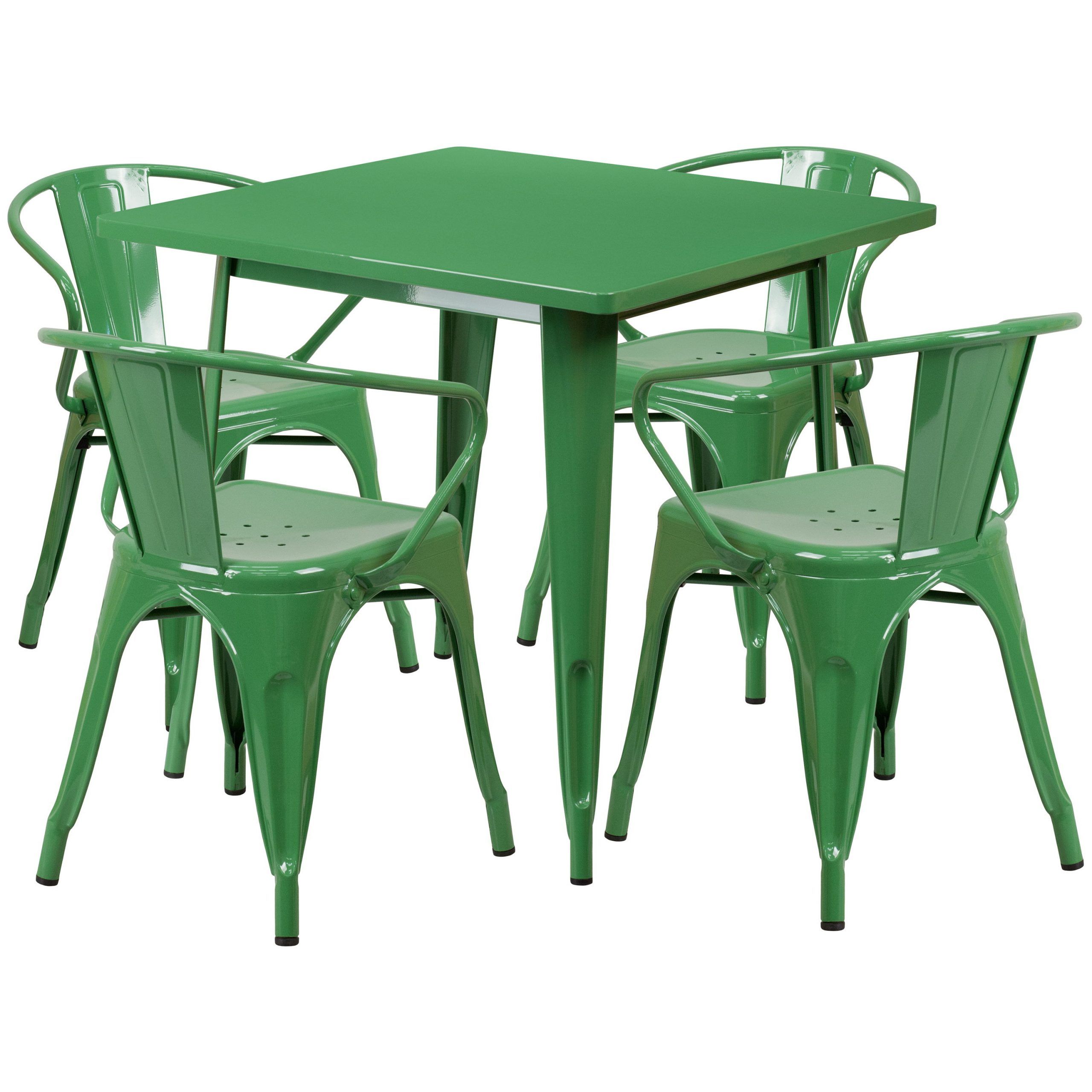 Flash Furniture Square Top Green Metal Indoor Outdoor Table Set With 4 Intended For Well Known Green Steel Indoor Outdoor Armchair Sets (View 14 of 15)