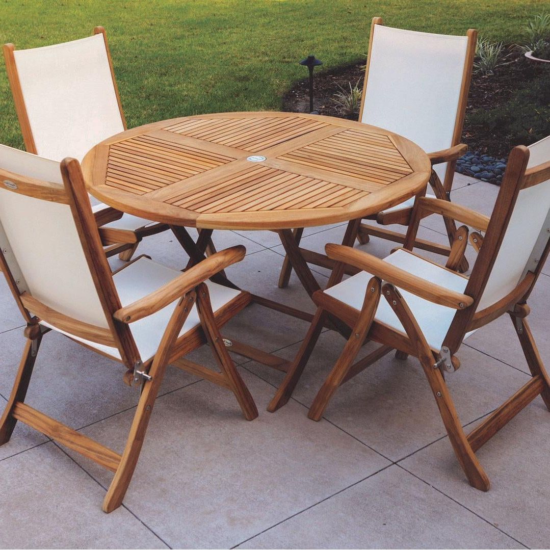 Florida 5 Piece Teak Patio Dining Set W/ 47 Inch Round Folding Table With Latest Round 5 Piece Outdoor Patio Dining Sets (View 14 of 15)