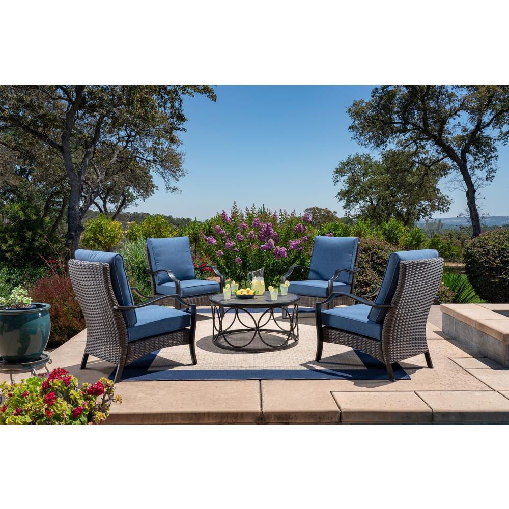 Foremost Casual Laurelton 5 Piece Wicker Patio Conversation Set With Throughout Most Current Blue Cushion Patio Conversation Set (View 3 of 15)