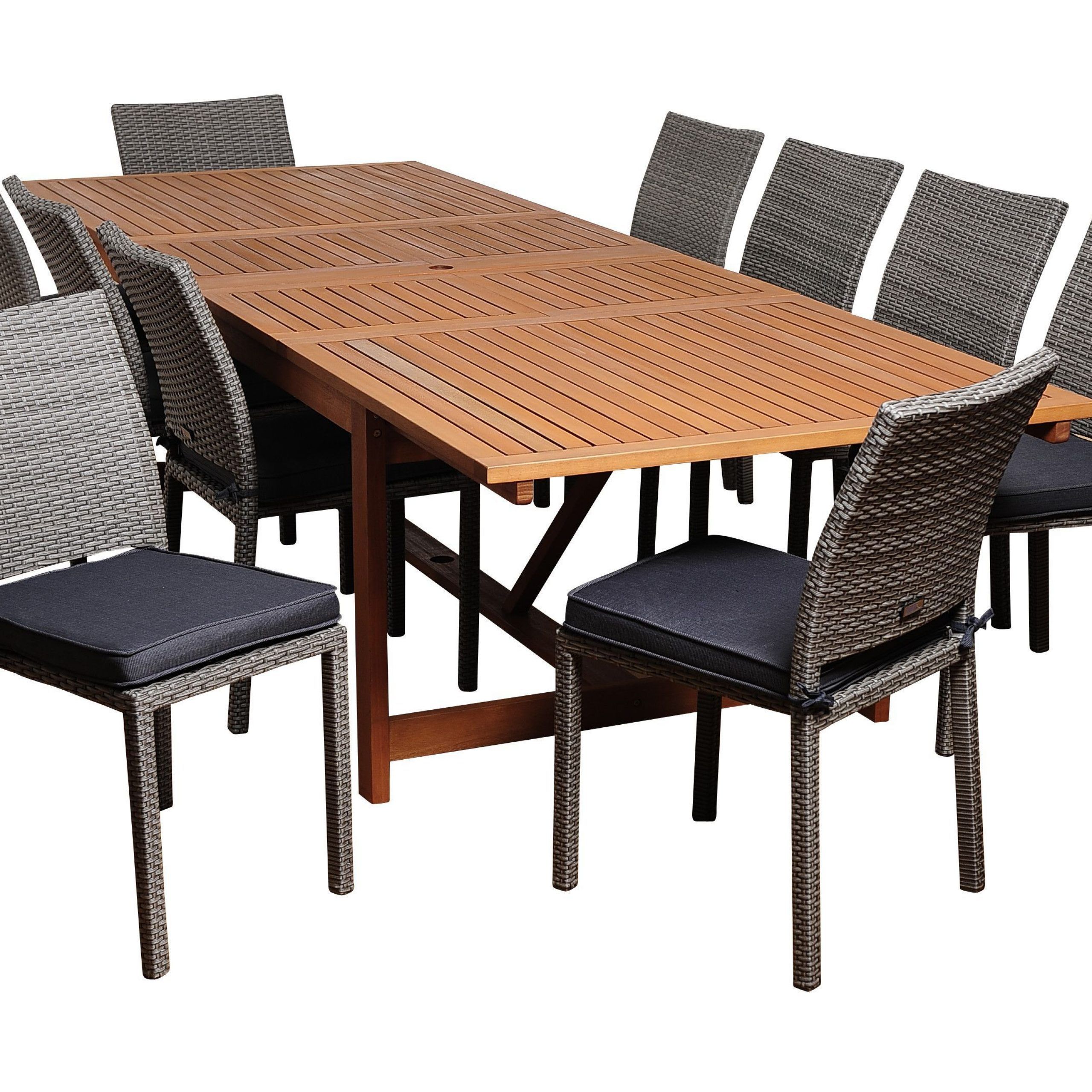 Gray Extendable Patio Dining Sets Within Best And Newest Angelo 11 Piece Eucalyptus/wicker Extendable Rectangular Patio Dining (View 15 of 15)