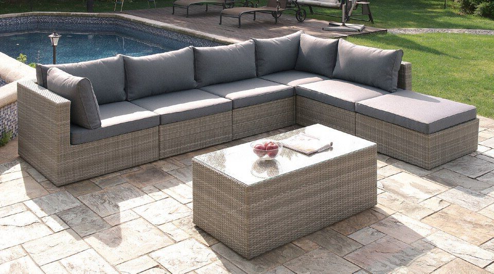 Gray Outdoor Table And Loveseat Sets For Current 7pcs Gray Cushion Wicker Sectional Sofa Coffee Table Outdoor Set Pdex (View 9 of 15)