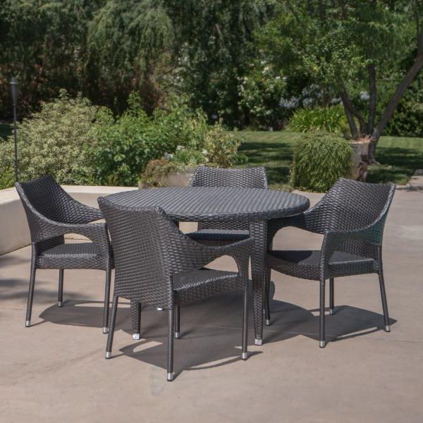 Gray Wicker 5 Piece Round Patio Dining Sets Inside Fashionable Shelton Outdoor 5 Piece Wicker Circular Dining Set, Grey – Rocshop (View 3 of 15)