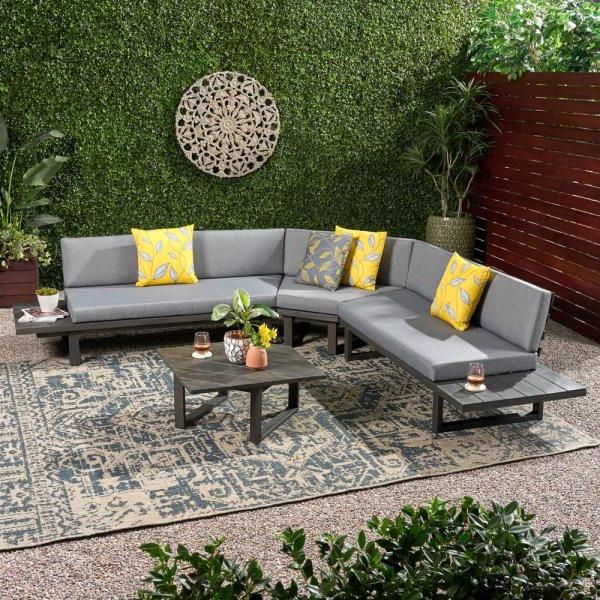 Gray Wood Outdoor Conversation Sets Inside 2019 Noble House Mirabelle Dark Grey 4 Piece Wood Patio Conversation (View 12 of 15)