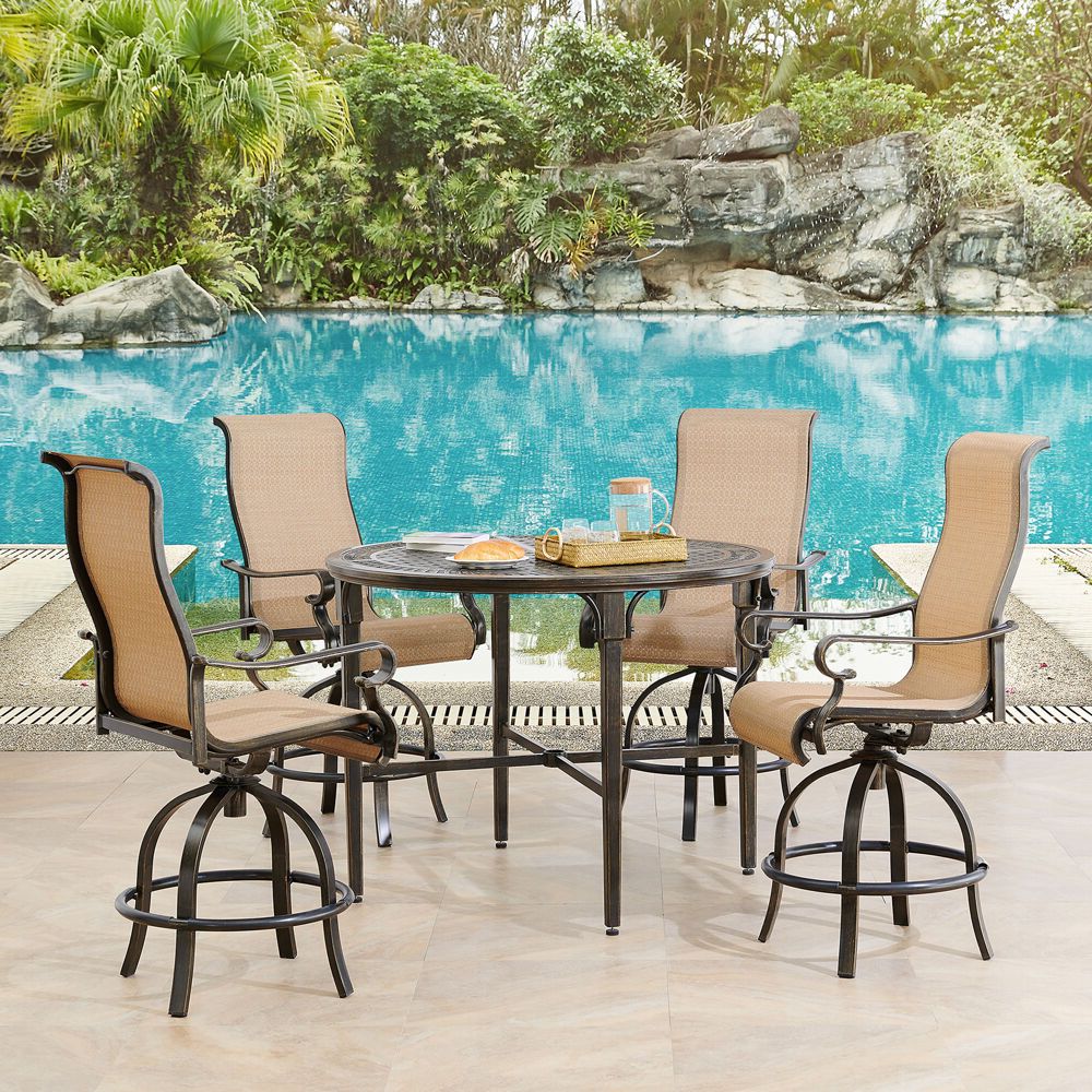 Green 5 Piece Outdoor Dining Sets Throughout Recent Hanover Brigantine 5 Piece Outdoor High Dining Set With 4 Contoured (View 3 of 15)