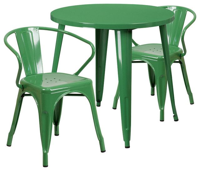 Green Steel Indoor Outdoor Armchair Sets Within Most Recent Commercial Grade 30" Round Green Metal Indoor Outdoor Table Set, 2 Arm (View 6 of 15)