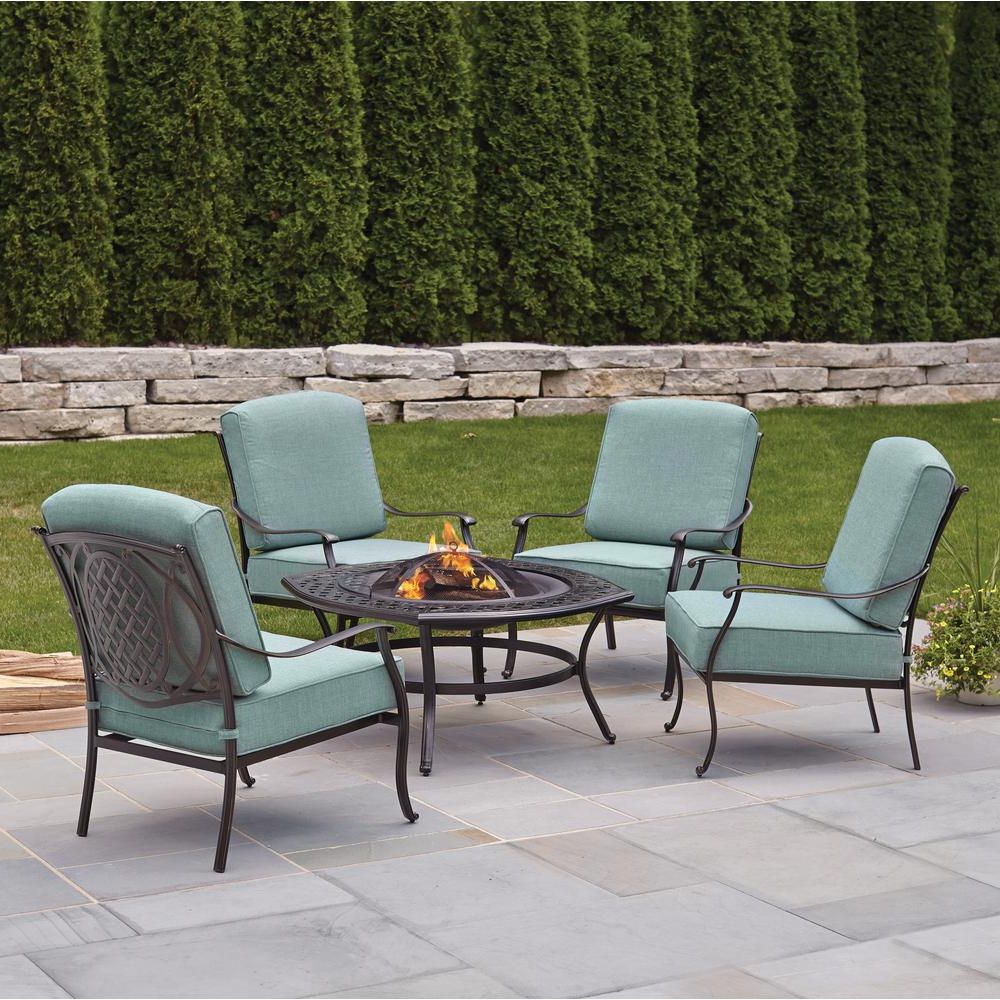Hampton Bay Belcourt 5 Piece Metal Outdoor Patio Fire Pit Conversation In Well Known 5 Piece Patio Sets (View 9 of 15)