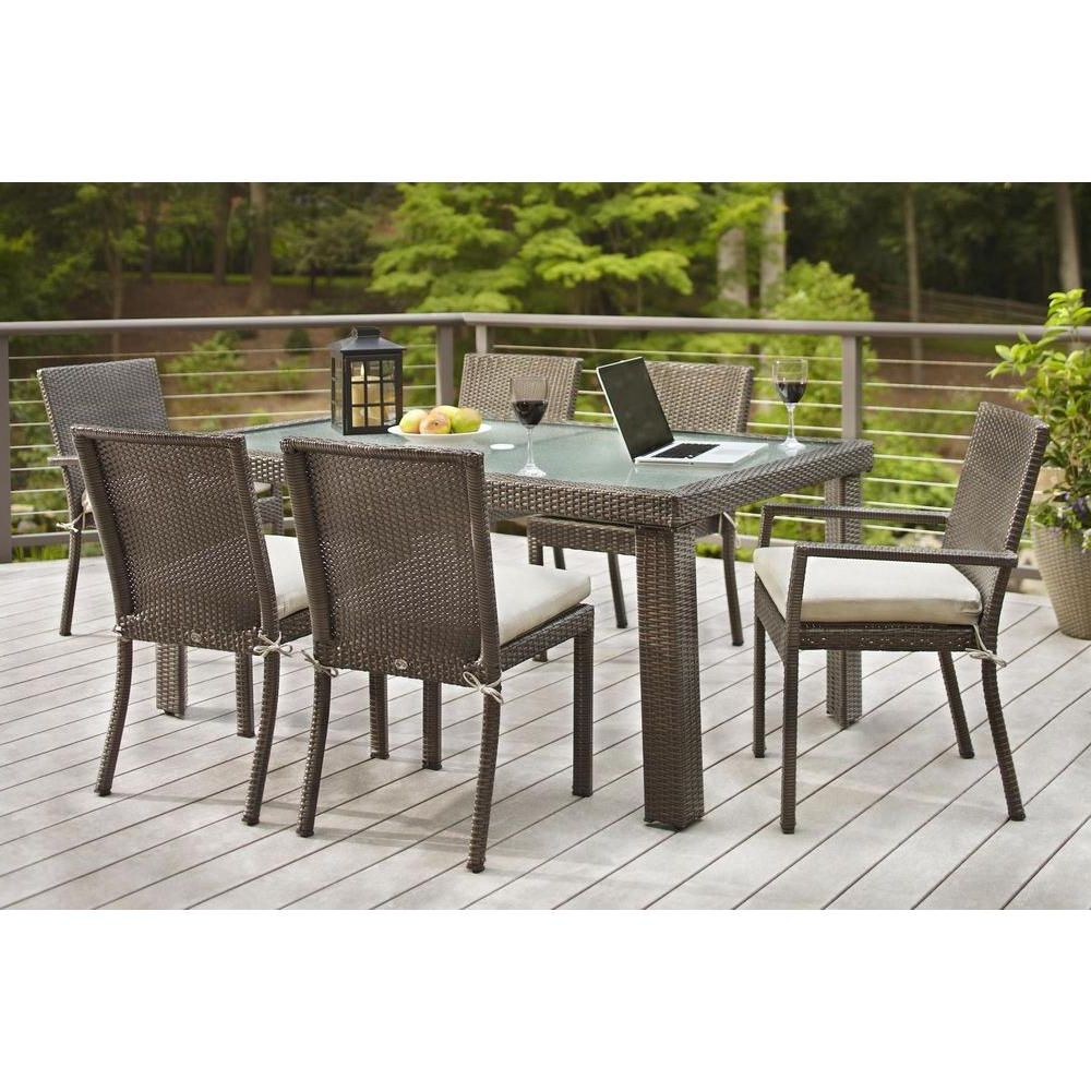 Hampton Bay Beverly 7 Piece Wicker Outdoor Patio Dining Set With For Trendy 7 Piece Patio Dining Sets With Cushions (View 15 of 15)