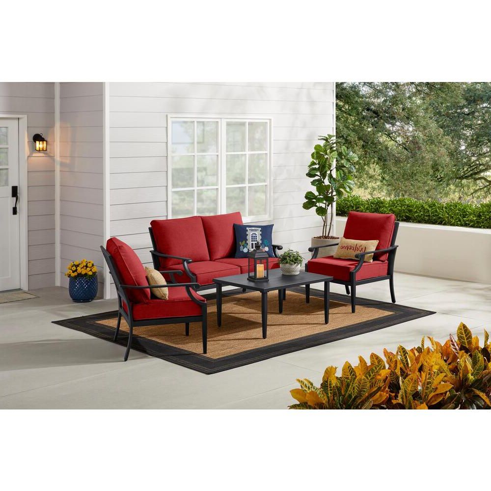 Hampton Bay Braxton Park 4 Piece Black Steel Outdoor Patio Conversation With Widely Used Patio Conversation Sets And Cushions (View 9 of 15)