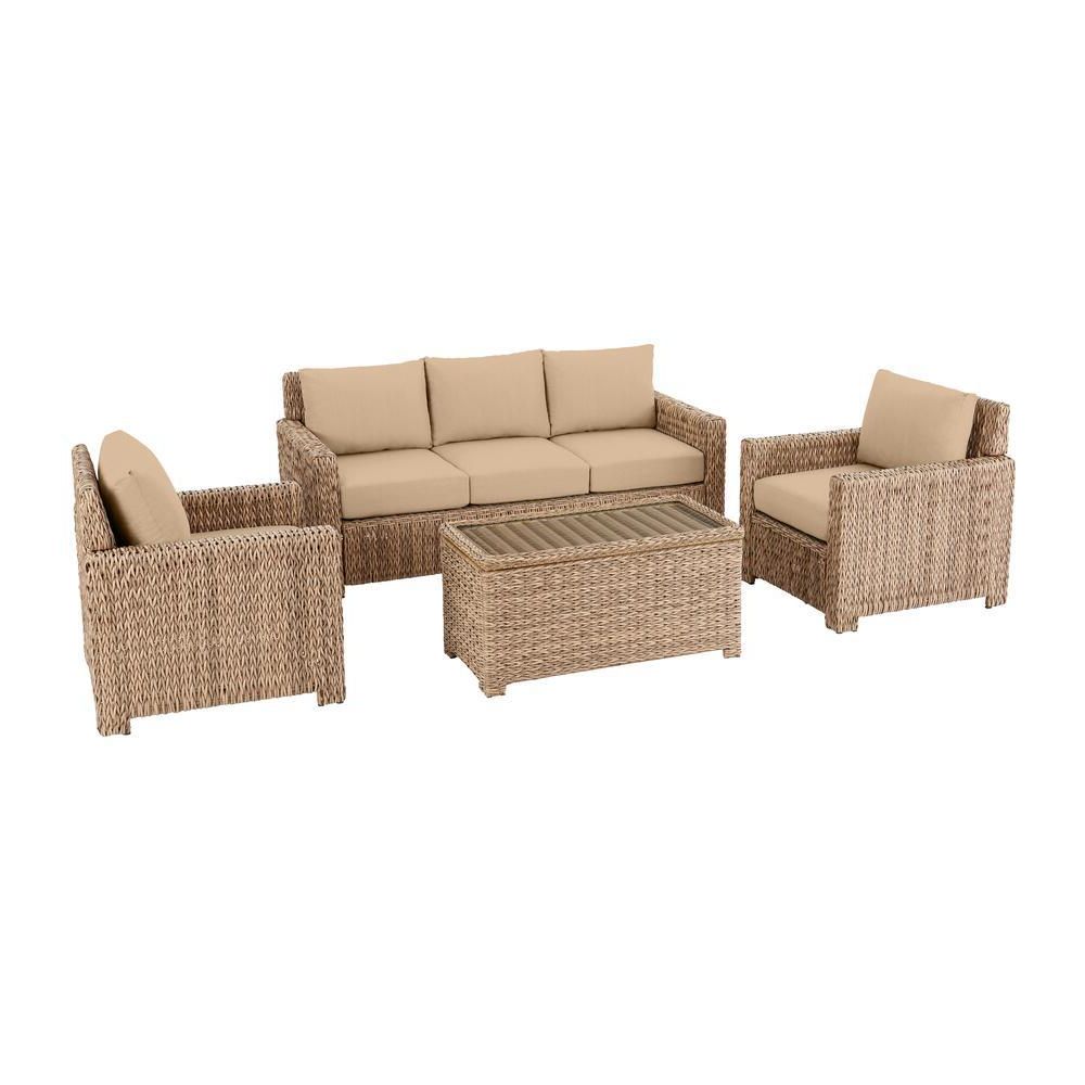 Hampton Bay Laguna Point 4 Piece Natural Tan Wicker Outdoor Patio With Newest Wicker Beige Cushion Outdoor Patio Sets (View 9 of 15)