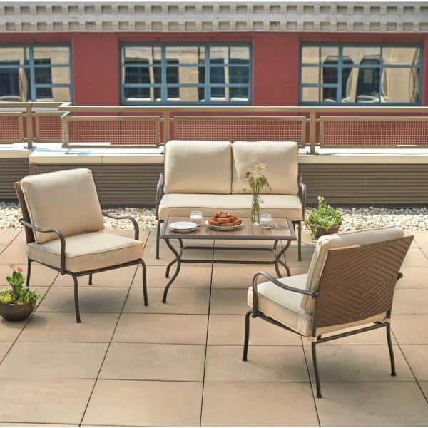 Hampton Bay Pin Oak 4 Piece Wicker Outdoor Patio Conversation Set With Intended For Famous Patio Conversation Sets And Cushions (View 3 of 15)