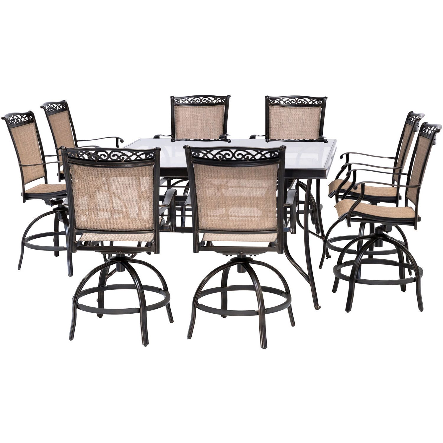 Hanover Fontana 9 Piece Counter Height Outdoor Dining Set With 8 Sling Throughout Trendy 9 Piece Outdoor Square Dining Sets (View 12 of 15)