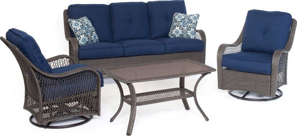 Hanover Orleans 4 Piece Outdoor Conversation Set With Swivel Glider Chairs With Regard To Latest 4 Piece Wicker Outdoor Seating Sets (View 7 of 15)