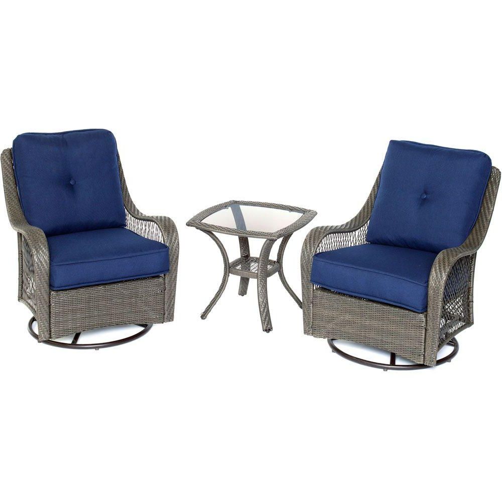 Hanover Orleans Grey 3 Piece All Weather Wicker Patio Swivel Rocking Pertaining To Most Popular Blue 3 Piece Outdoor Seating Sets (View 1 of 15)