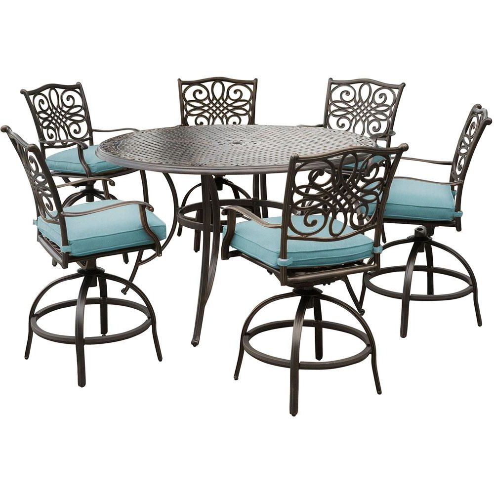 Hanover Traditions 7 Piece Aluminum Outdoor High Dining Set With Round With Popular 7 Piece Patio Dining Sets (View 8 of 15)
