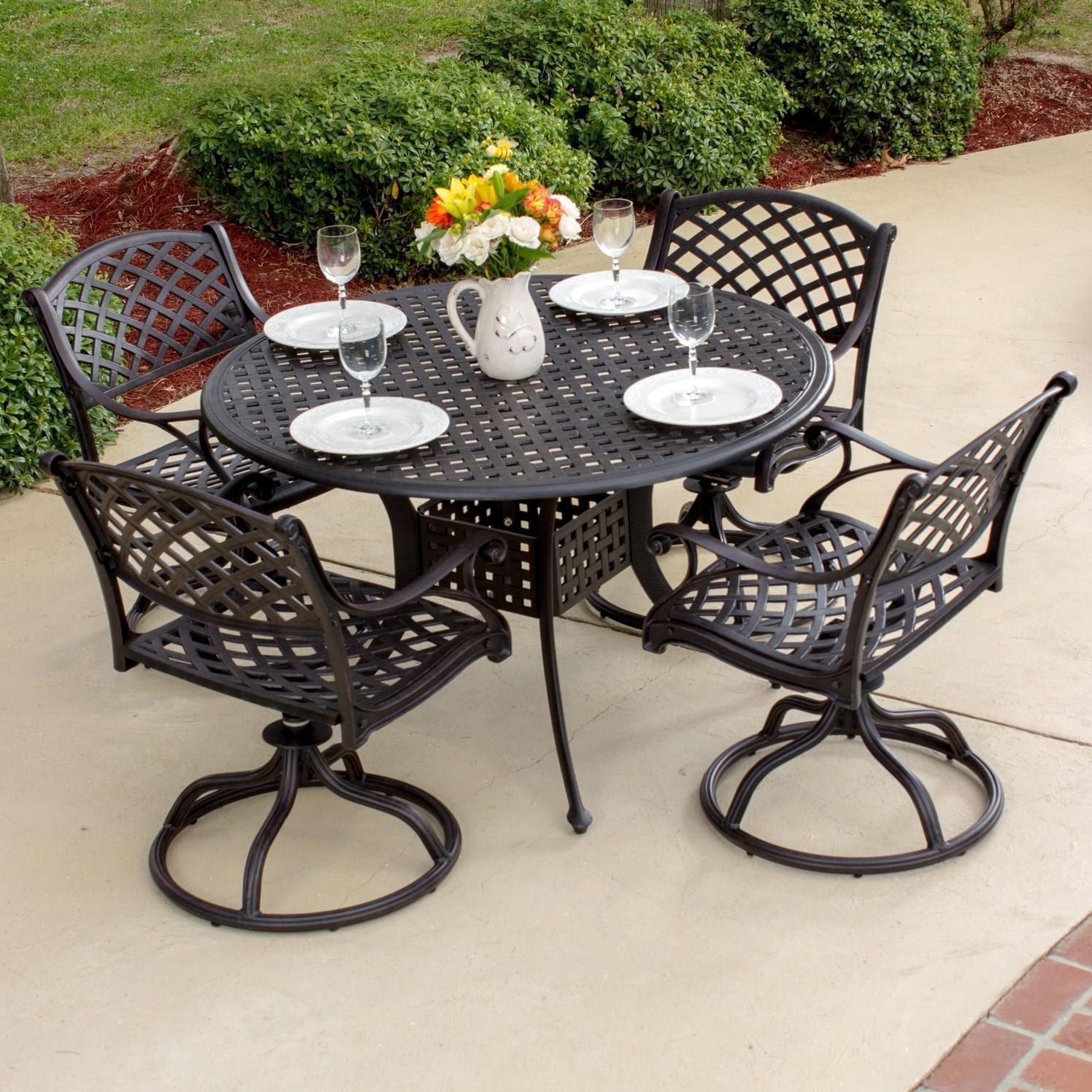 Heritage 5 Piece Cast Aluminum Patio Dining Set With Swivel Rockers And Intended For Most Current Round 5 Piece Outdoor Dining Set (View 14 of 15)