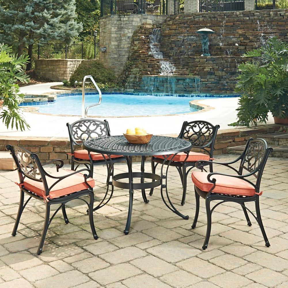 Home Styles Biscayne Black 5 Piece Cast Aluminum Outdoor Dining Set With Regard To Most Current Patio Dining Sets With Cushions (View 10 of 15)