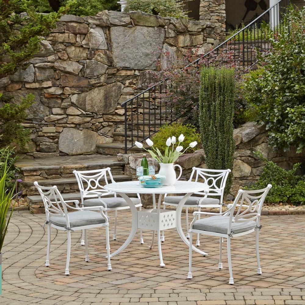 Homestyles La Jolla Cast White 5 Piece Aluminum Round Outdoor Dining With Regard To Famous Round 5 Piece Outdoor Dining Set (View 9 of 15)