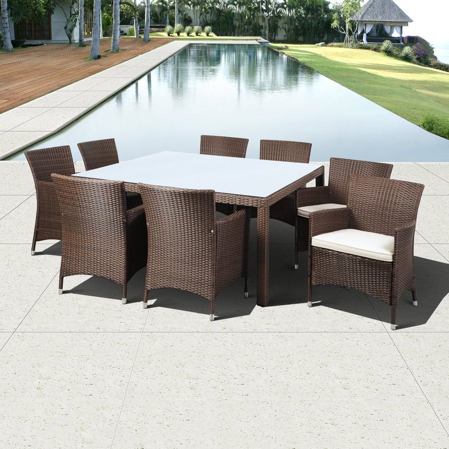 International Home Atlantic 9 Piece Brown Wood Frame Wicker Patio Inside 2020 Off White Cushion Patio Dining Sets (View 14 of 15)