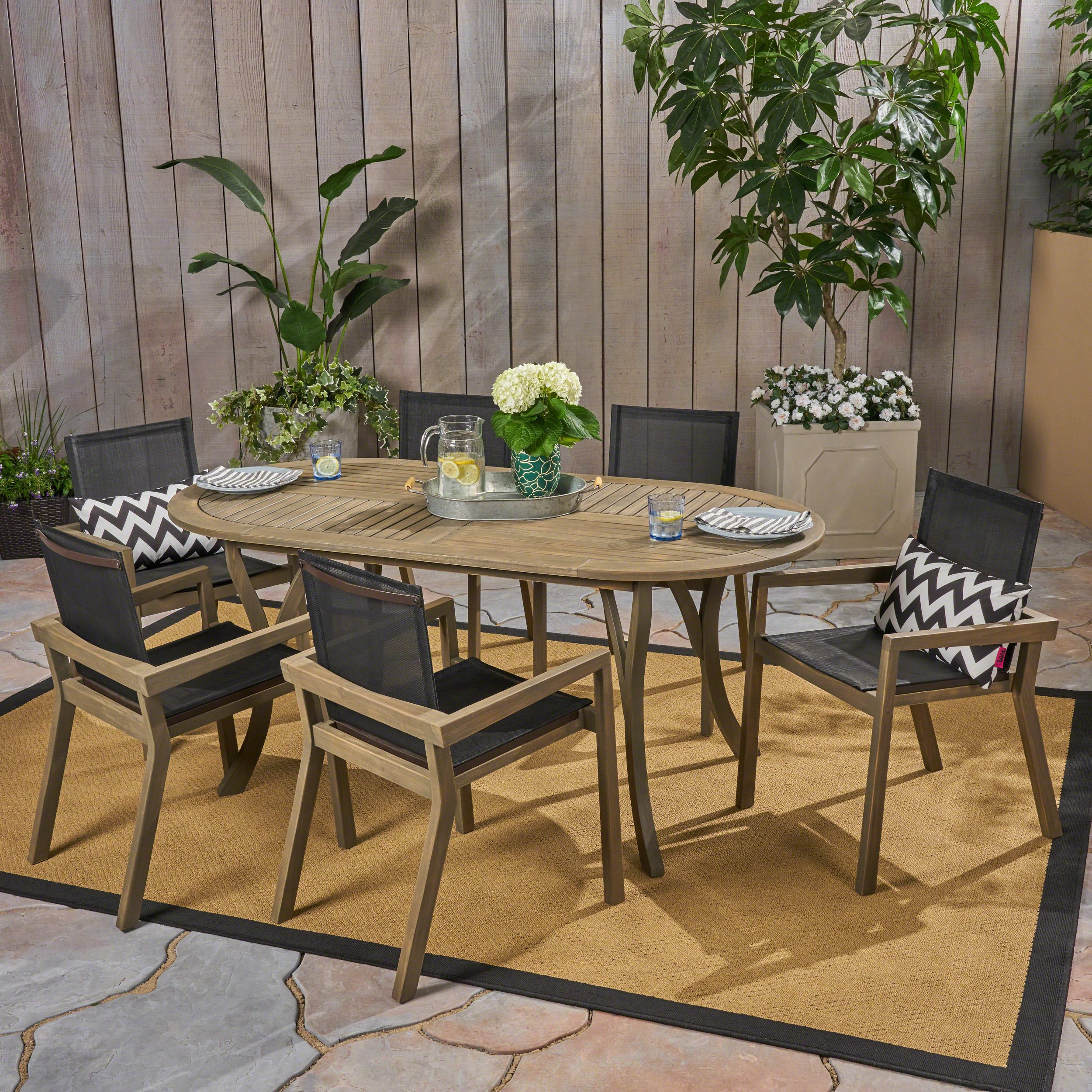 Kalani Outdoor 7 Piece Acacia Wood And Mesh Oval Dining Set, Gray Within Well Known 7 Piece Outdoor Oval Dining Sets (View 1 of 15)