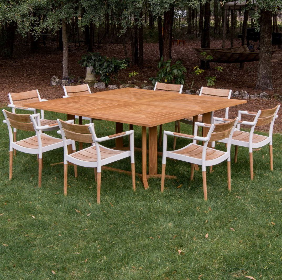 Large Square Dining Set Composed Of 2 Rectangular Pyramid Tables And 8 For Famous Teak Outdoor Square Dining Sets (View 6 of 15)