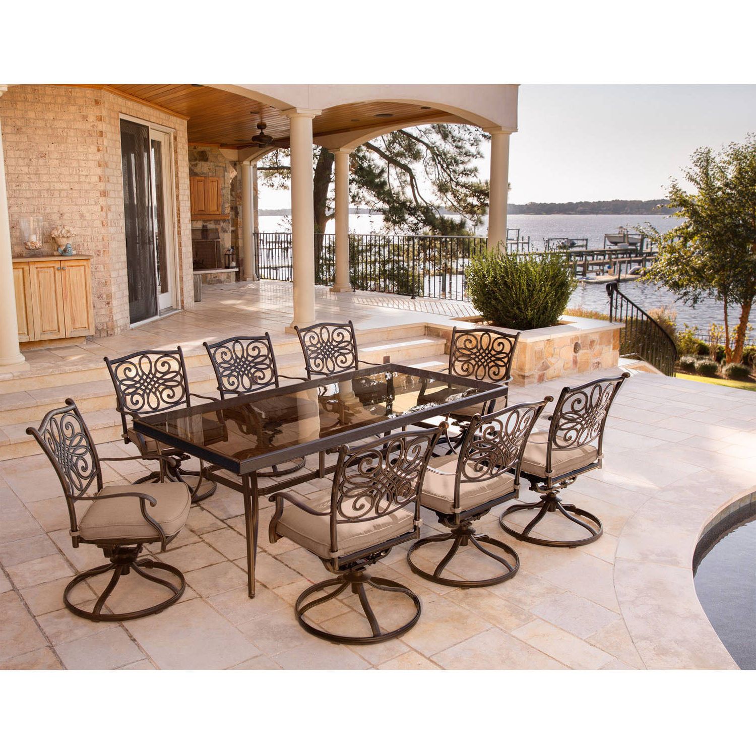Latest 9 Piece Patio Dining Sets Within Hanover Outdoor Traditions 9 Piece Dining Set With 42" X 84" Glass Top (View 9 of 15)