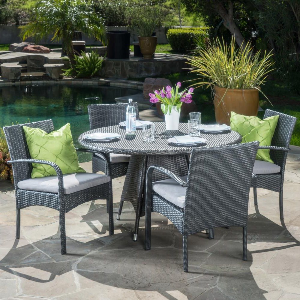 Latest Gray Wicker Rectangular Patio Dining Sets Intended For Noble House Nasir Grey 5 Piece Wicker Circular Outdoor Dining Set With (View 13 of 15)