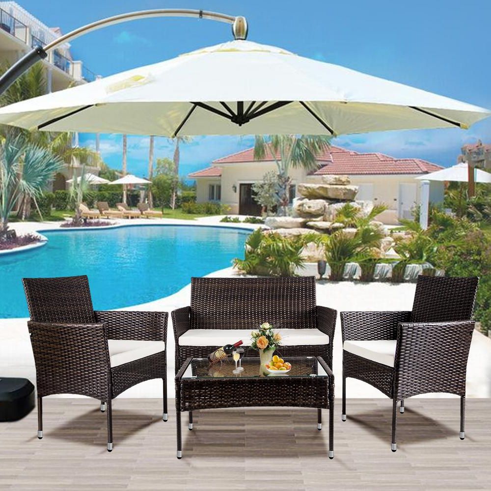 Latest Harper & Bright Designs Brown 4 Piece Wicker Patio Conversation Set Intended For Patio Conversation Sets And Cushions (View 5 of 15)