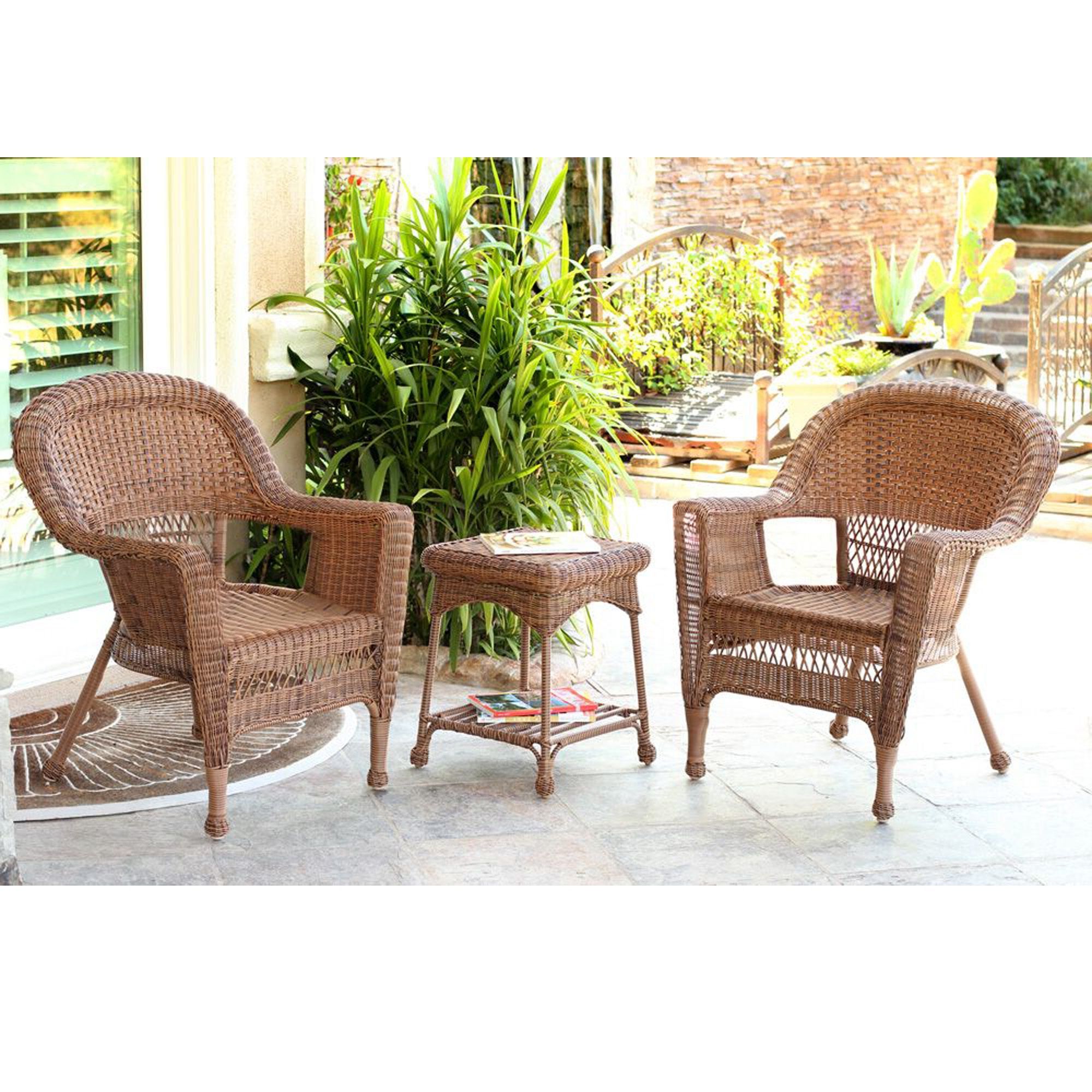 Latest Set Of 3 Honey Brown Resin Wicker Patio Chairs And End Table Furniture Inside Rattan Wicker Outdoor Seating Sets (View 12 of 15)