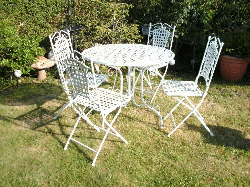 Latest White Metal Four Folding Garden Chairs And White Folding Metal Garden Inside White Wood Soutdoor Seating Sets (View 5 of 15)