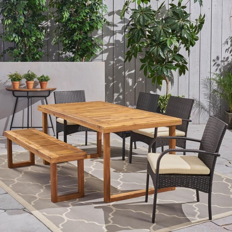 Lily Outdoor 6 Piece Acacia Wood Dining Set With Bench And Wicker In Widely Used Brown Acacia 6 Piece Patio Dining Sets (View 8 of 15)