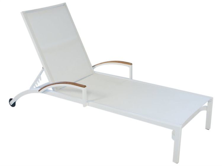 Lloyd Flanders Lux Aluminum Sling Stacking Chaise Lounge With Teak Arms Intended For Popular Steel Arm Outdoor Aluminum Chaise Sets (View 15 of 15)