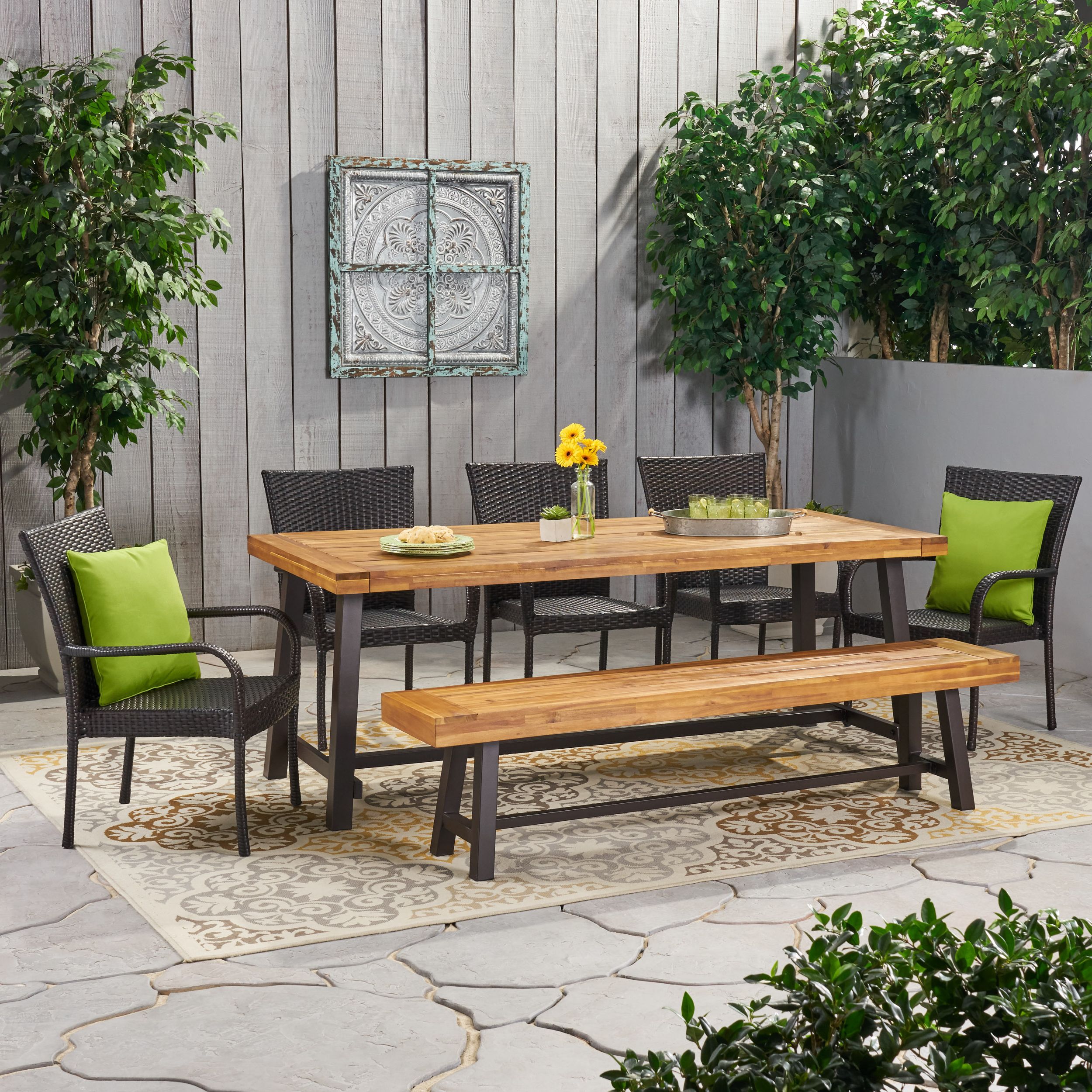 Logan Outdoor Rustic Acacia Wood 8 Seater Dining Set With Dining Bench Pertaining To Latest Acacia Wood Outdoor Seating Patio Sets (View 9 of 15)